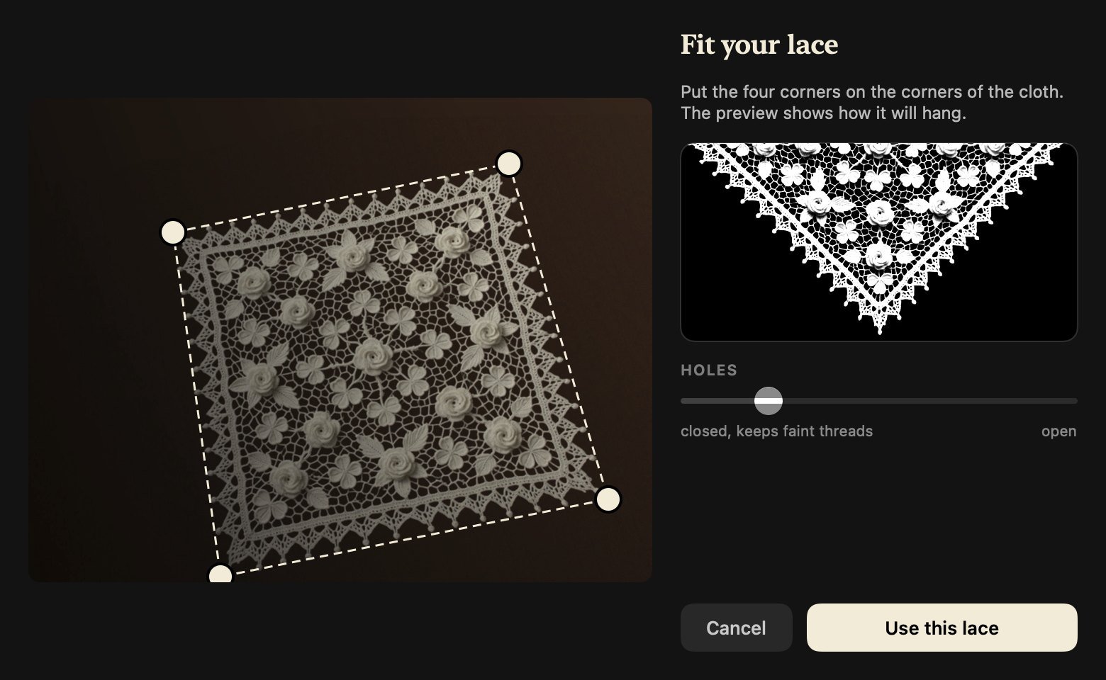 The Fit your lace window: a photo of a doily with four corner handles and a preview of it hanging
